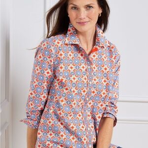 Talbots COTTON BUTTON FRONT SHIRT - WHIMSICAL TILE Long Sleeve Button Cuffs XL